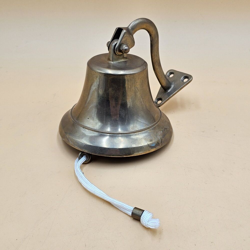 Vintage Nautical Brass Ships Bell With Mount And Rope - Made In Italy